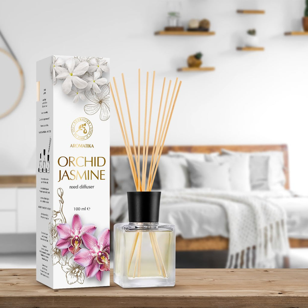 Reed Diffuser Orchid-Jasmine 3.4 Fl Oz - Fresh & Long Lasting Fragrance - Gift Set with 10 Bamboo Sticks - Good for