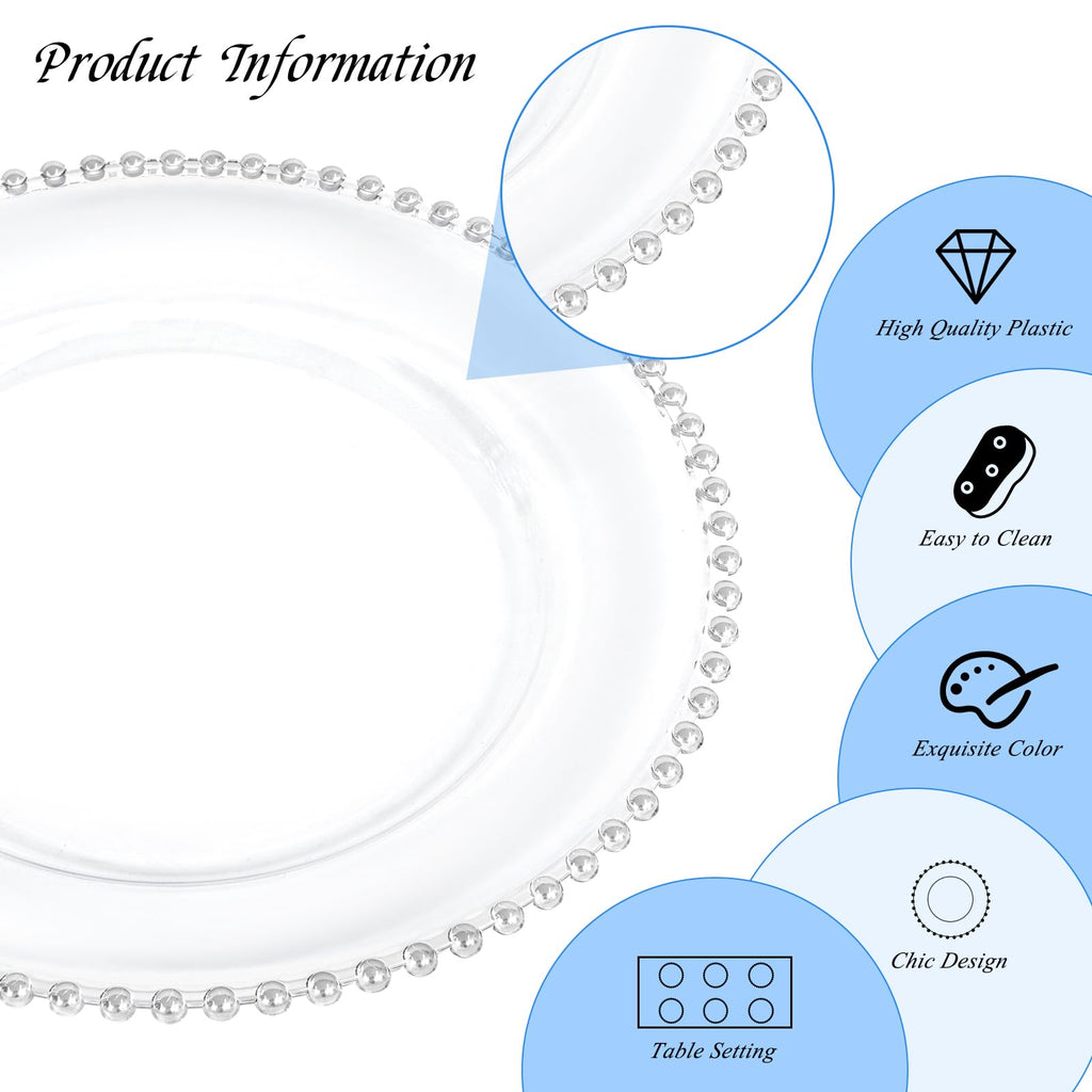 24 Pack Clear Charger Plates with Silver Beaded Rim 13 Inch