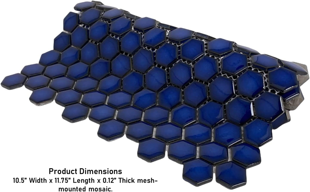 Hexagon Cobalt Blue Porcelain Mosaic Wall Floor Tile Glossy Look 1'' inch (Box of 10 Sheets) Backsplash, Bathroom