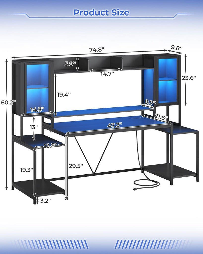 Gaming Desk 75'' with LED Lights, Hutch and Storage Shelves, Black | Computer Desk with Monitor Stand, Large PC Gamer