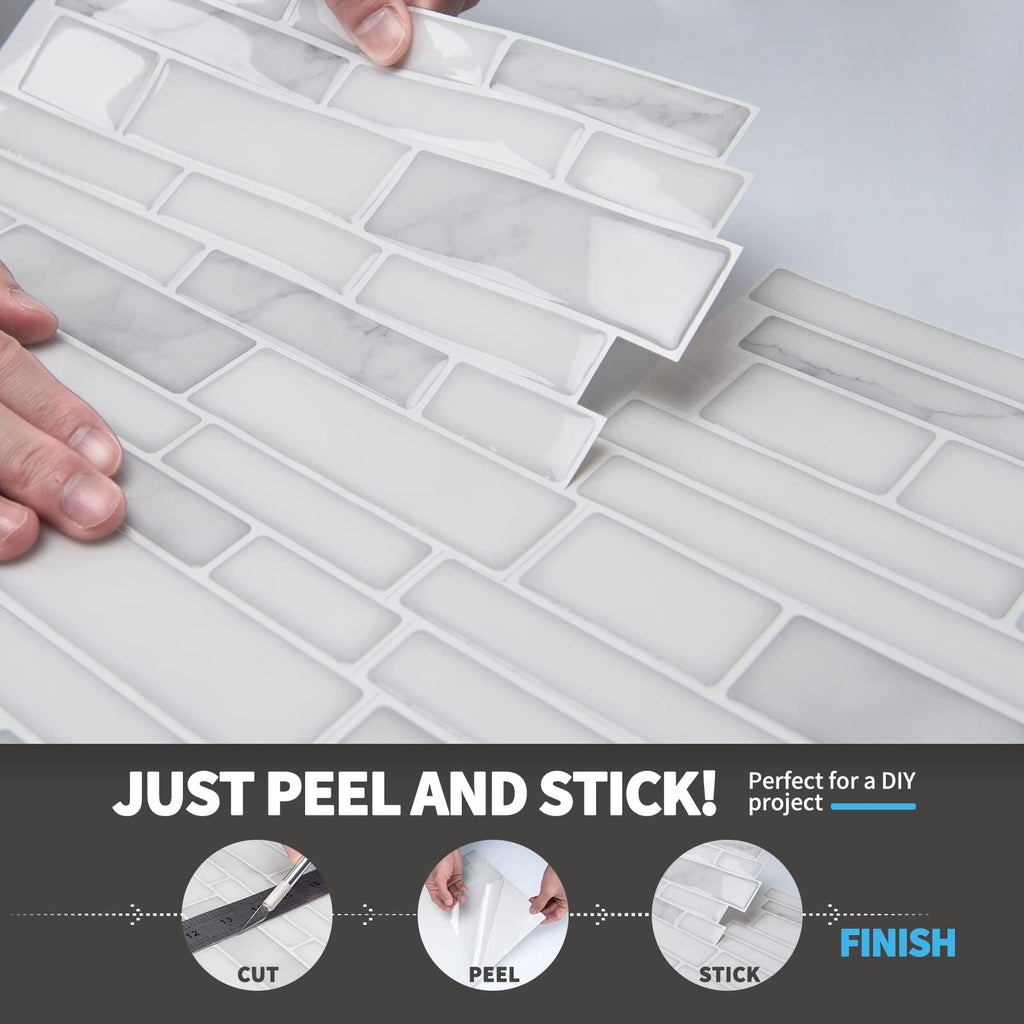 Stone Peel and Stick Backsplash, 10-Sheet, 12" x 12", White Marble