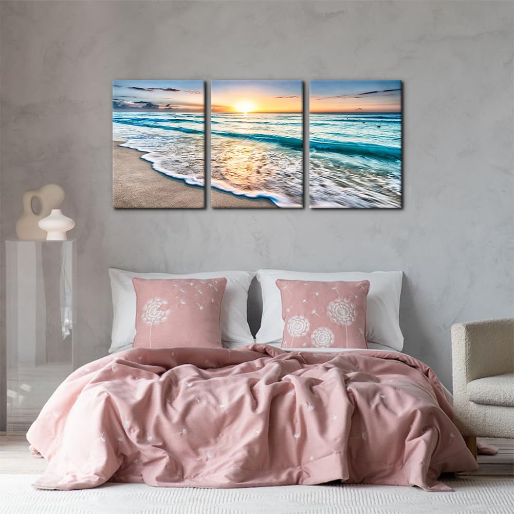 3 Panels Beach Canvas Wall Art Decor Blue Sea Sunset White Beach Painting The Picture Print on Canvas Seascape The
