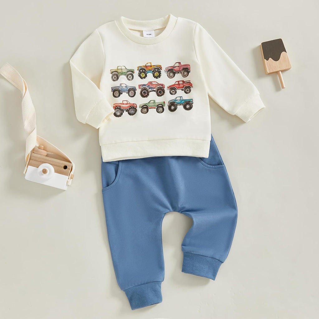 Toddler Baby Boy Fall Winter Clothes Crewneck Sweatshirt Long Sleeve Trucks Shirt and Pants Cute Boys Outfits
