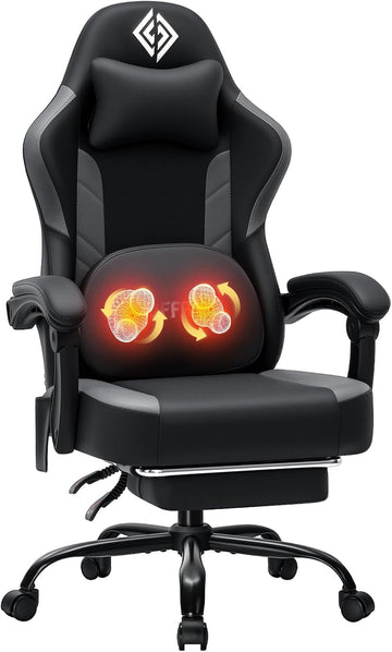 Gaming Chair with Shiatsu Kneading Massage Heated Computer Desk Chair Black | 155° Recliner with Footrest;Height