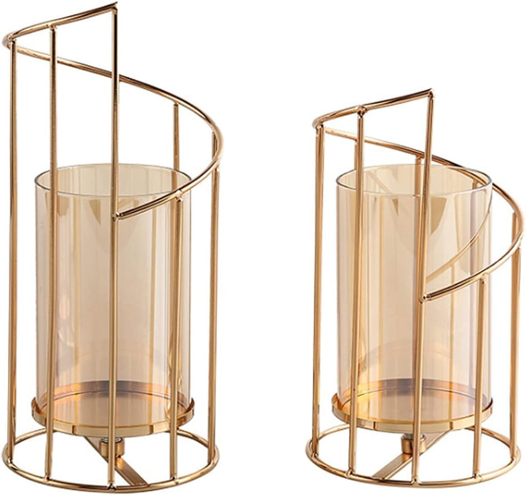 Metal Wire Candle Holder Set of 2, Glass Pillar Candle Holders Gold Decorative Tea Light Candleholders Decor Table