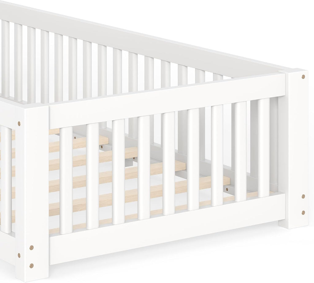 Twin Floor Bed with Slats, Fence and Door, Twin Size Montessori Floor Bed for Kids, Girls, Boys, Easy Assemble