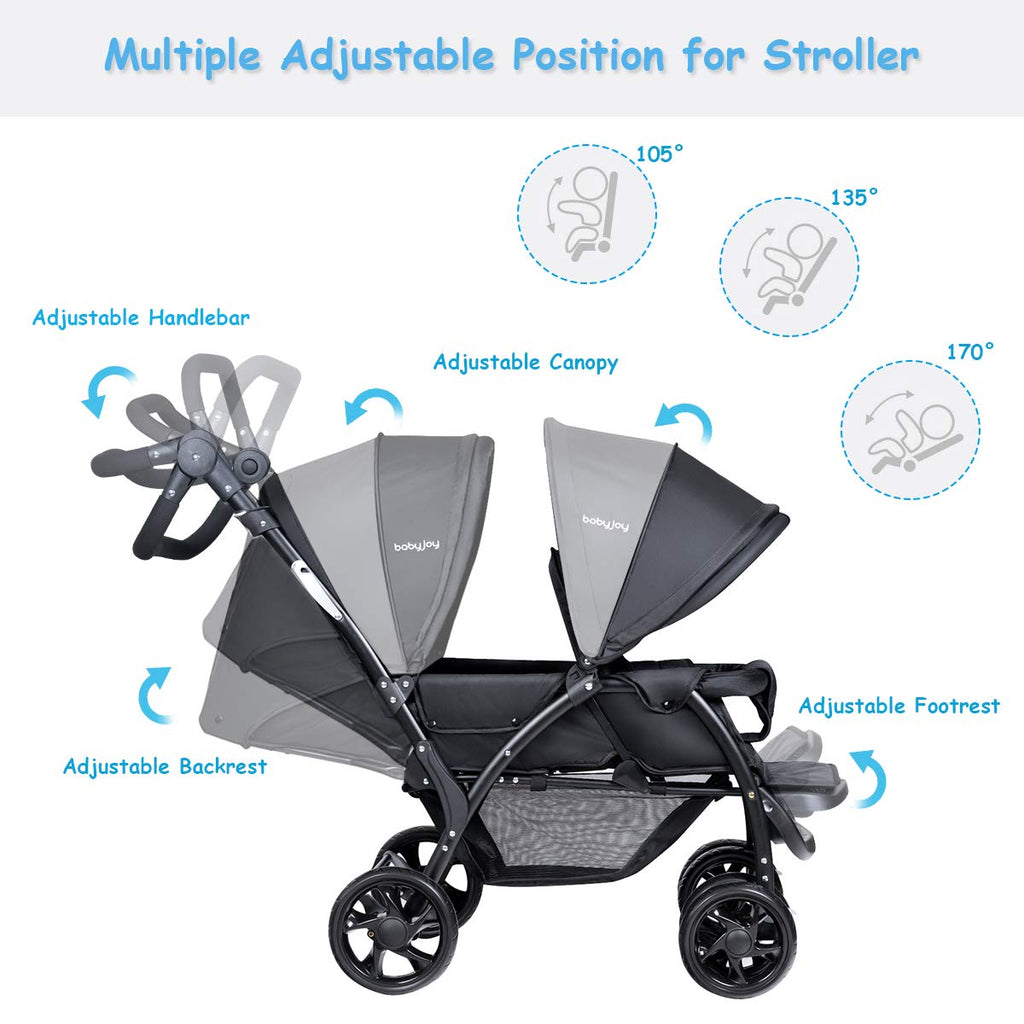 Double Stroller, Foldable Lightweight Twin Stroller with Tandem Seating, Adjustable Backrest/Canopy/Footrest, Point