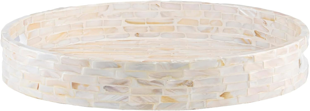 12.6" Decorative Round Serving Tray, Mother of Pearls Inlaid Coffee Table Tray w Insert Handles,Nacred Wooden Ottoman