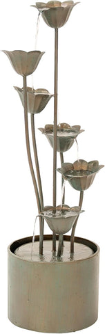 35" Tall Silver Metal Sculptural Flower Multi-Tier Freestanding Water Fountain for Indoor & Outdoor Use