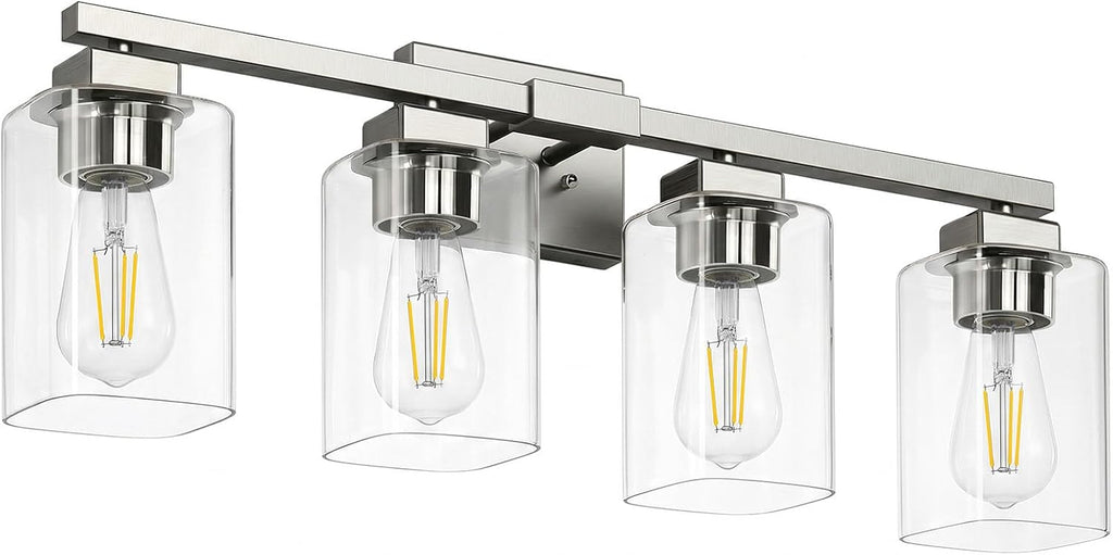 27" Bathroom Light Fixtures,4-Light Vanity Light Brushed Nickel | Square Clear Glass & Durable Metal, Quick & Easy