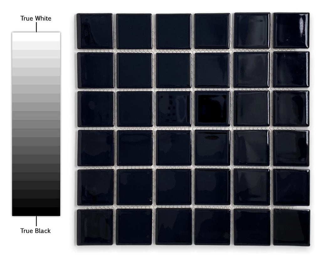 2-Inch Black Porcelain Square Mosaic Tile, Glossy Shiny Finish, Exact 1-15/16 in., Mesh-Mounted 12x12 Sheet