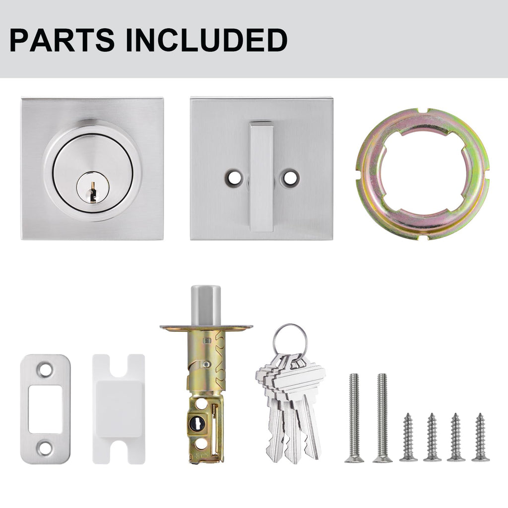 1 Side Keyed Deadbolt Lock, Square Single Cylinder Dead Bolt, Satin Nickel Square Exterior Keyed Deadbolt