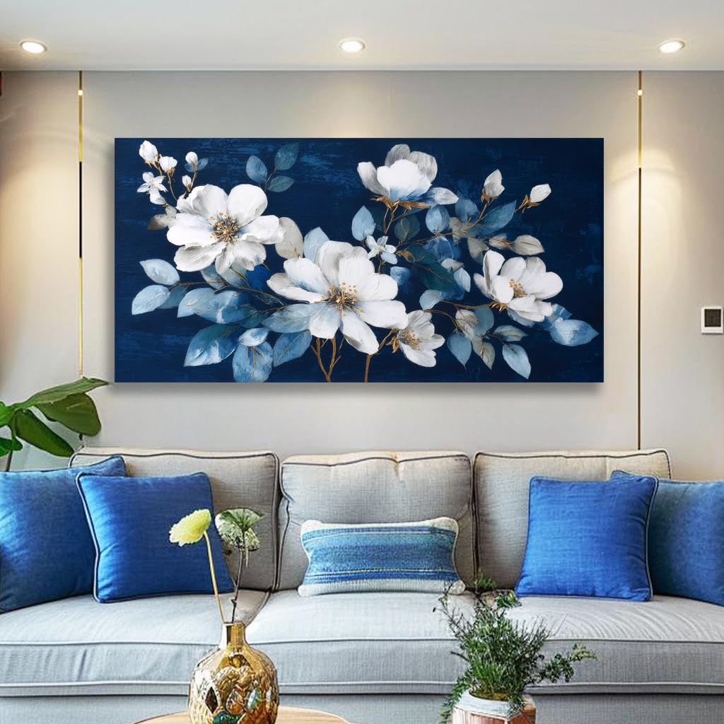 Framed Large Flower Canvas Wall Art Modern White Floral with Blue Background Print Living Room Office Home