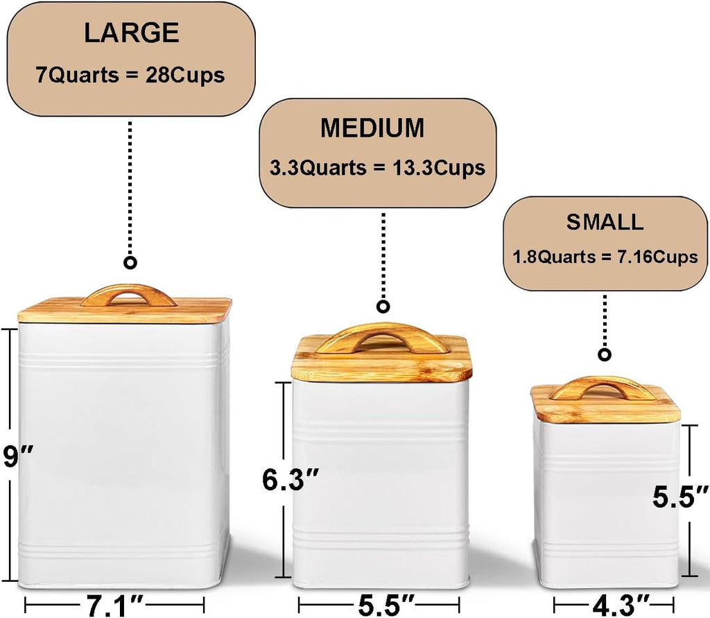 Kitchen Canister - Large 7 Qt Flour and Sugar Containers Airtight - White Metal Food Storage Jars - Set of 3