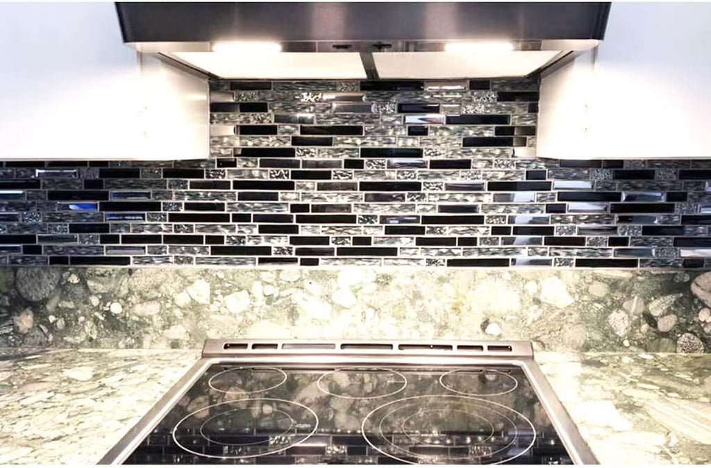 Glass Metal Art Mosaic Silk Black Crystal Glass Chrome Silver Steel Accent Wall Border Kitchen Bath Backsplash Tile