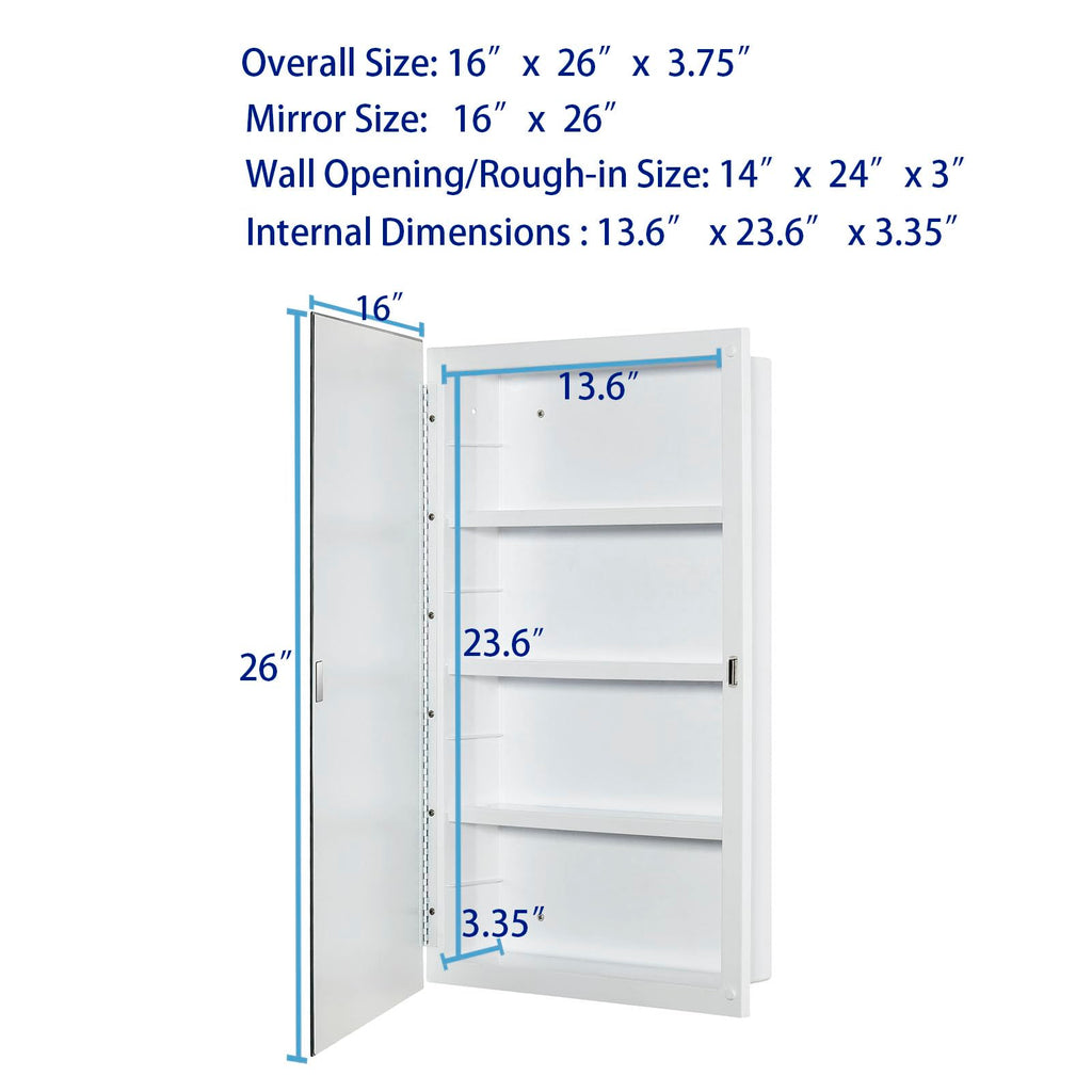 Plastic Medicine Mirror Cabinet 16 x 26 inch, Surface and Recessed Mount