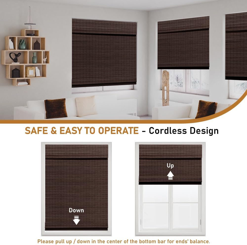 Cordless Bamboo Roman Shades, Blackout Natural Bamboo Blinds for Indoor Windows, Roll Up Blind Privacy Shade for Home