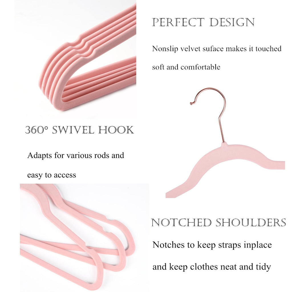 Premium Blush Pink Velvet Hangers (Pack of 50) Heavyduty - Non Slip - Copper/Rose Gold Hooks, Space Saving Clothes