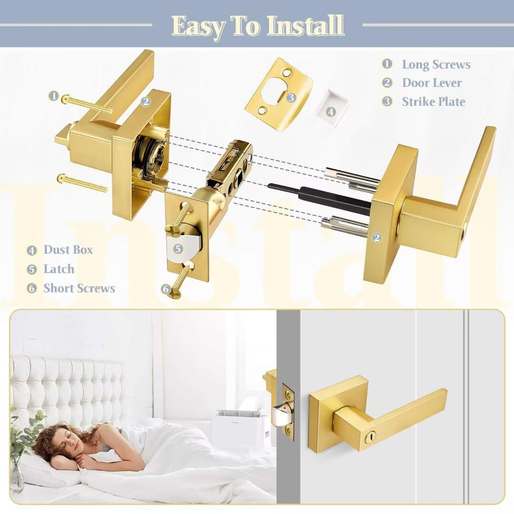 3 Pack Gold Privacy Door Handles Interior, Square Brushed Gold Door Handles , Reversible Door Lock Without Key