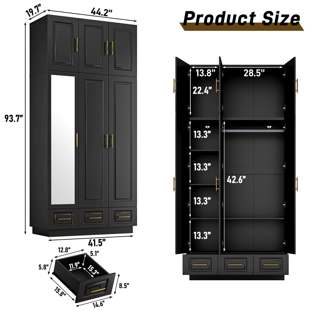 Large Armoire Wardrobe Closet Cabinet with Drawers and LED Lights, Multi-Tier Shelves, Hanging Rod, Large Capacity