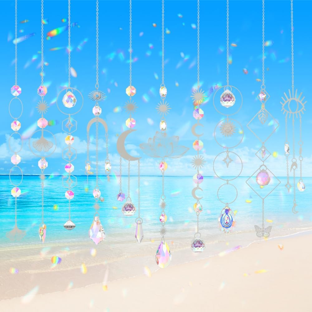 Sun Catchers, 10 Pcs Crystal Suncatcher Prism Hanging Kit for Indoor Window - Rainbow Maker Crystals Balls Pendants