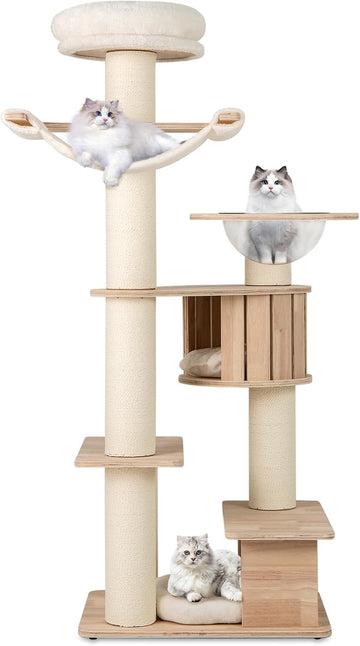 69" Tall Cat Tree, Multi-Layer Wood Cat Tower with Scratching Posts, Perch, Condo, Space Capsule, Hammock, Washable