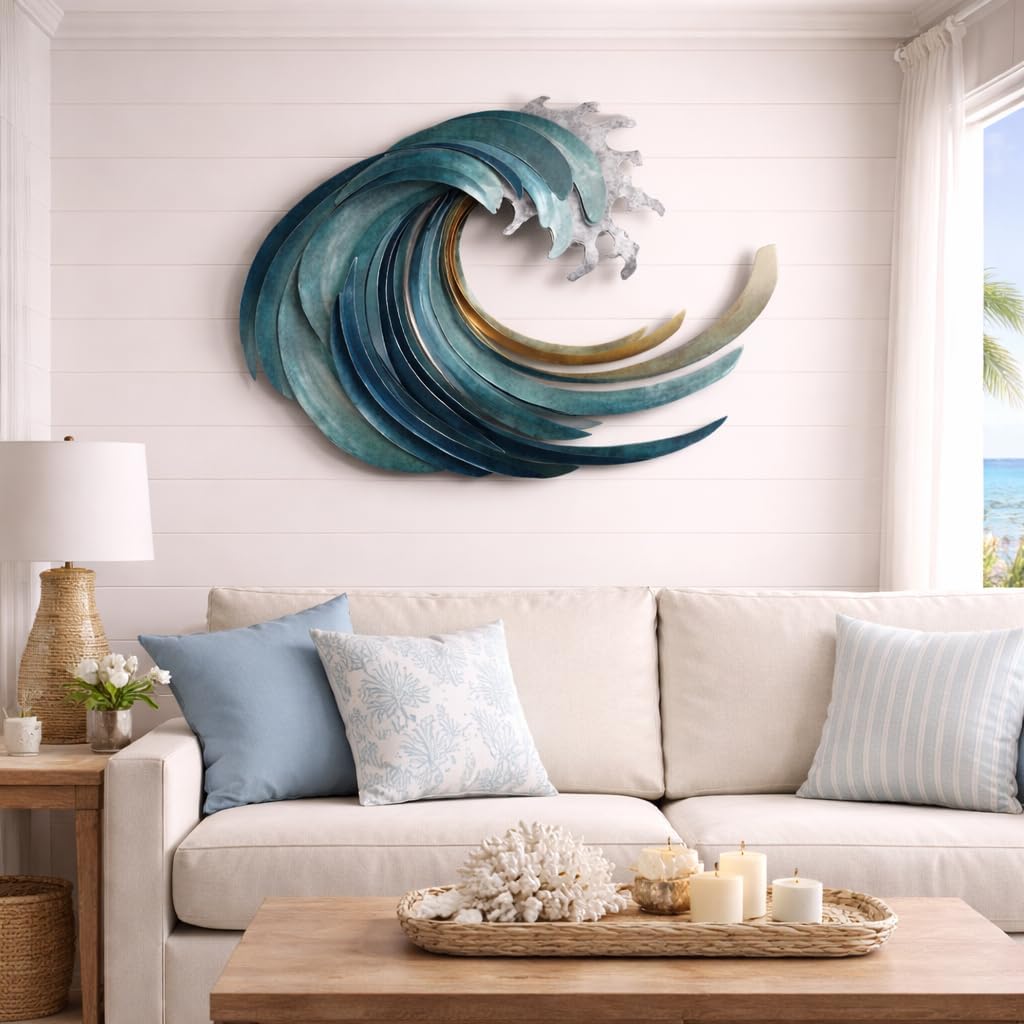 Ocean Wave Metal Wall Art, Large 3D Teal Coastal Decor, Nautical Coral Sculpture, Beach House Patio Sign, Seaside