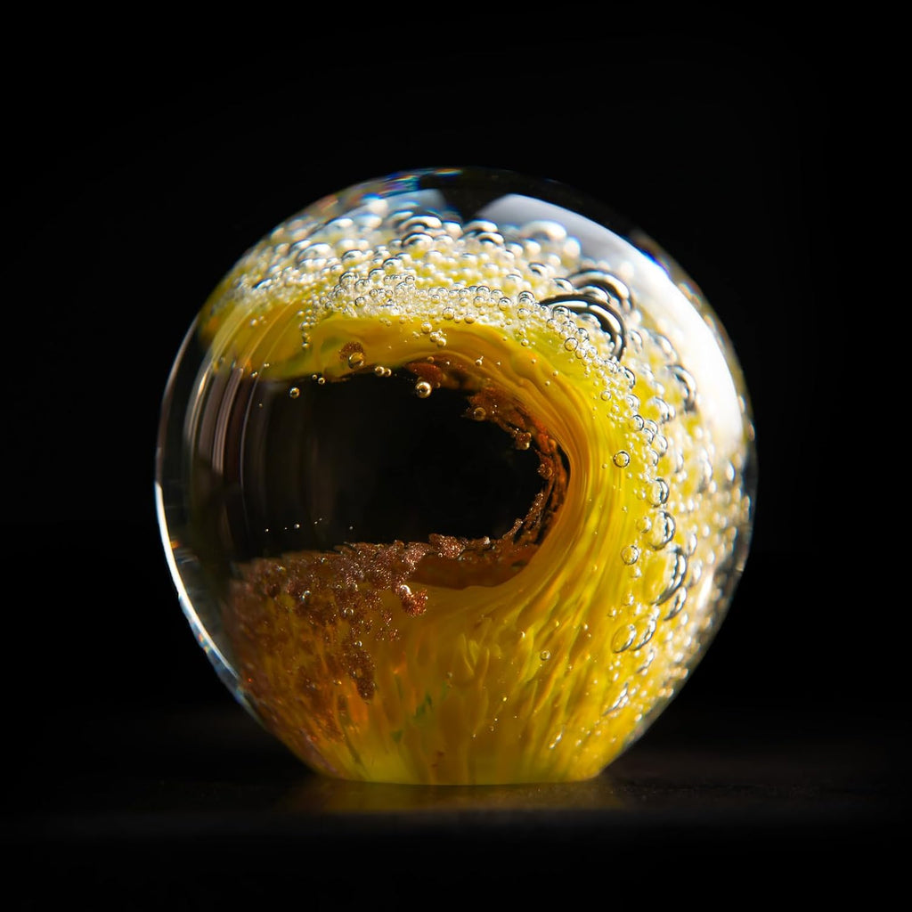 Hand-Blown Glass Ocean Wave Paperweight, 3.15" Solid Art Sculpture, Vibrant Yellow & Gold Nautical Desk Decor