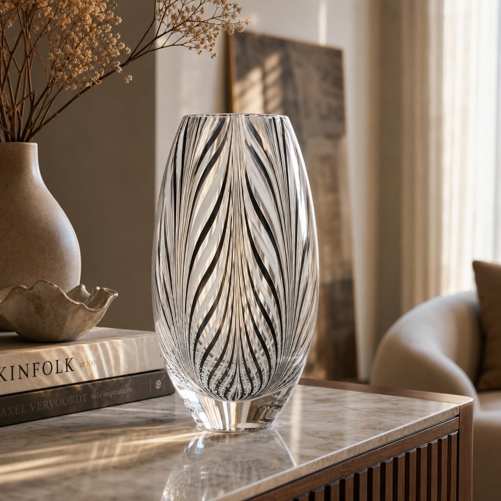 Murano Style Glass Vase Hand Blown Black and White Feather Pattern Effect | Hand Blown Glass Vase, Decorative Table