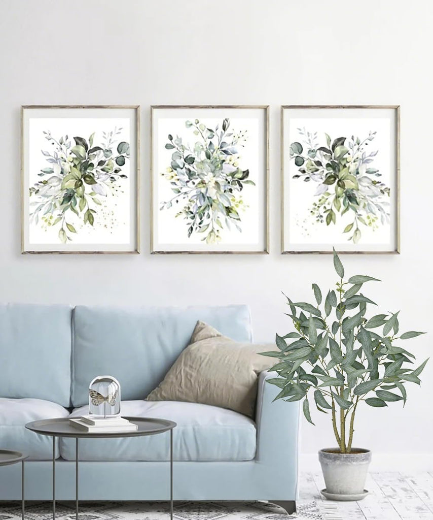 Eucalyptus Trees Artificial Indoor - 3FT Tall Faux Eucalyptus Plants in White Planter, Fake Plant Décor for Farmhouse - Set of 3
