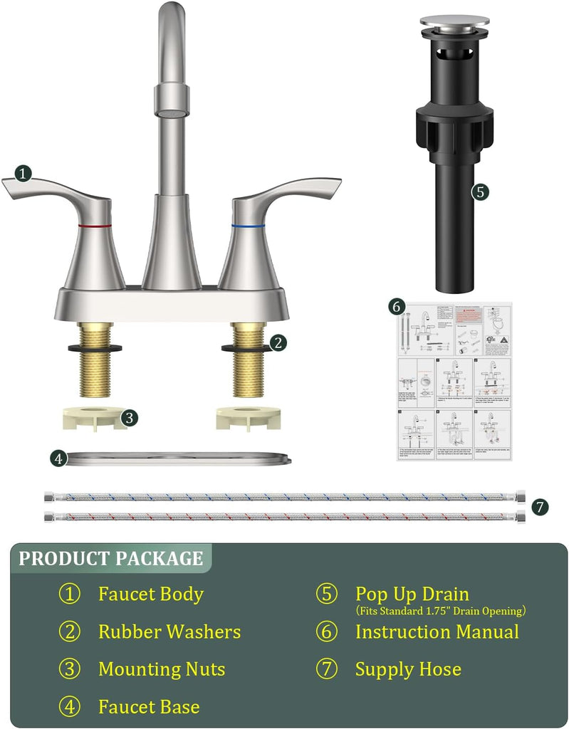 Brushed Nickel Bathroom Faucet 3 Hole, Evolvegoods 4 Inch Stainless Steel Bathroom Sink Faucet