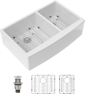 33 In. White Fireclay Farmhouse Sink Curved Apron Front Country Style, 60/40 Double Bowl Kitchen Sink, 33"x21"x10"