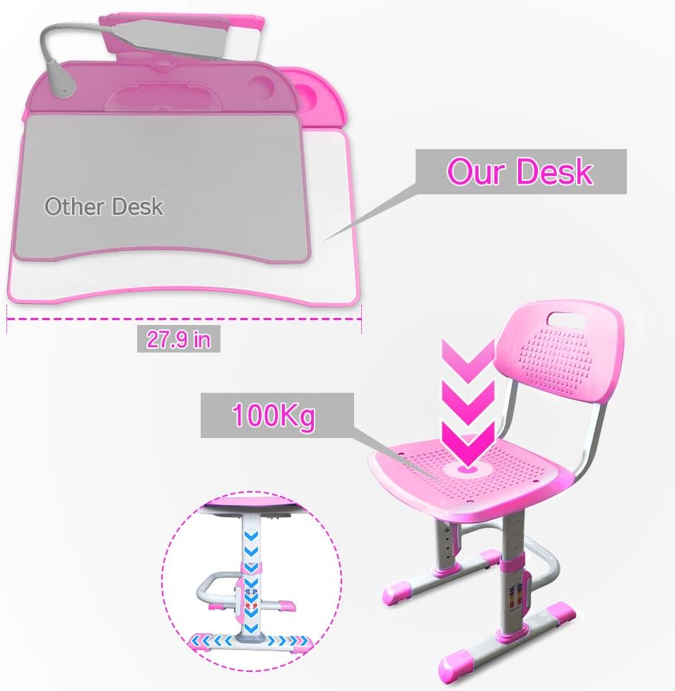 Kids Desk and Chair Set, Height-Adjustable, Included LED lamp, Pink