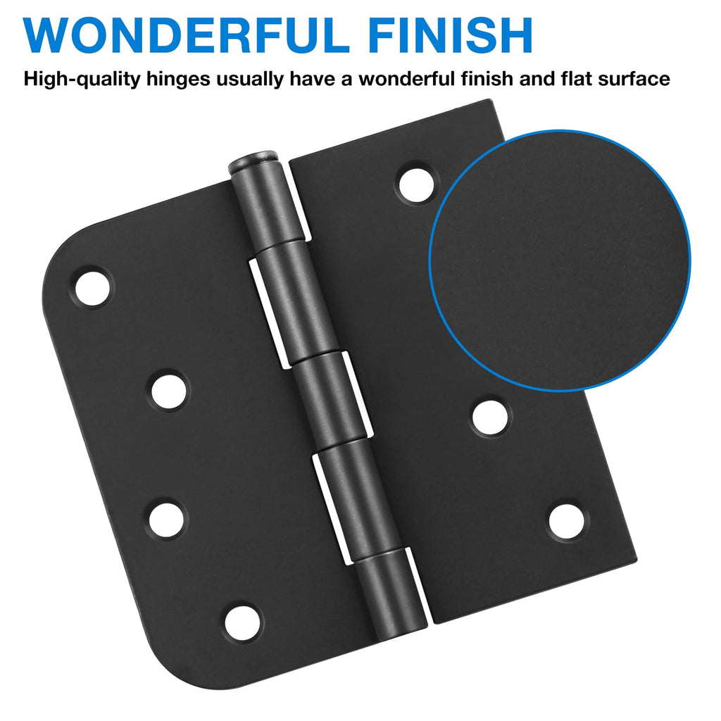 Matte Black Door Hinges 4 Inch Square Rounded 5/8" Radius 6 Pack