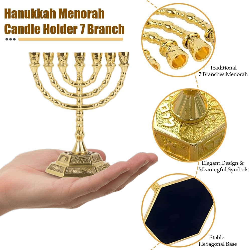 7 Branch Hanukkah Candle Holder Gold Candelabra with 12 Tribes of Israel Design, 5 Inch Jewish Candle Holder