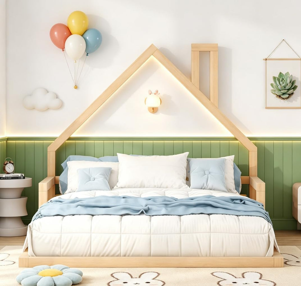 Full Floor Bed for Kids, Wood Full Bed for Kids, Kids bedframe with House-Shaped Headboard, Montessori Floor Beds