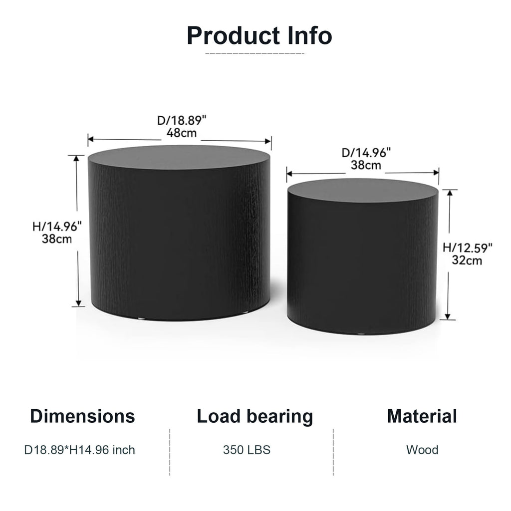 Nesting Coffee Set of 2, Wood Round Coffee, Modern Coffee for Small Space Living Room, Black