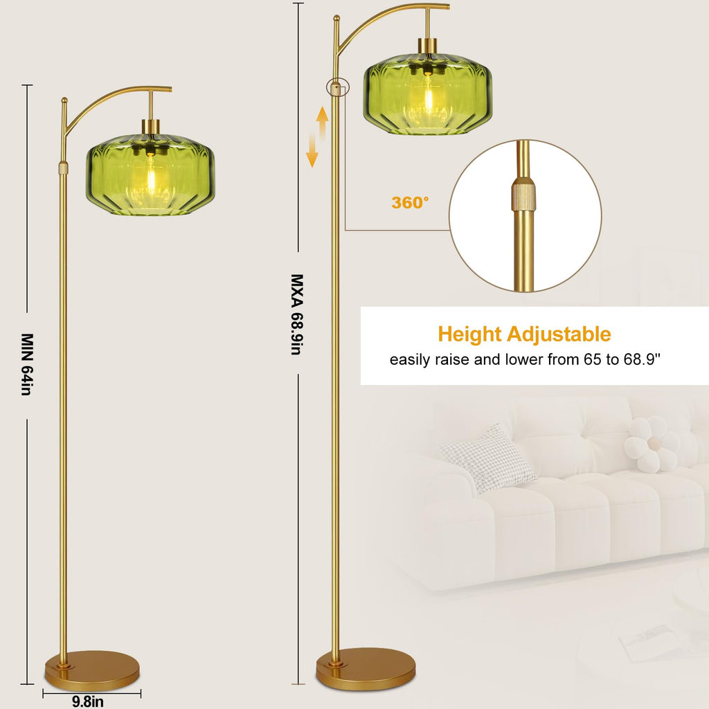 Gold Floor Lamps Vintage Floor Lamp with Remote Control & Green Glass Lampshape, Dimmable Floor Lamp Mid Century