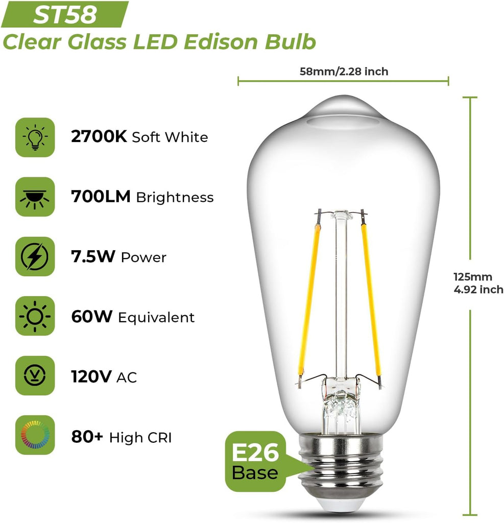 Edison Light Bulbs 60 watt Equivalent, E26 LED Bulb Dimmable, Soft White 2700K, Clear Glass ST58 Vintage Light Bulb