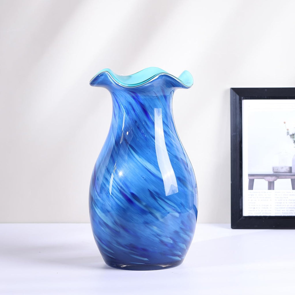 10.6in Hand Blown Blue Glass Vase - Wide Mouth Murano Bubble Art Glass Vase, Cobalt Blue Flower Vase for Coastal