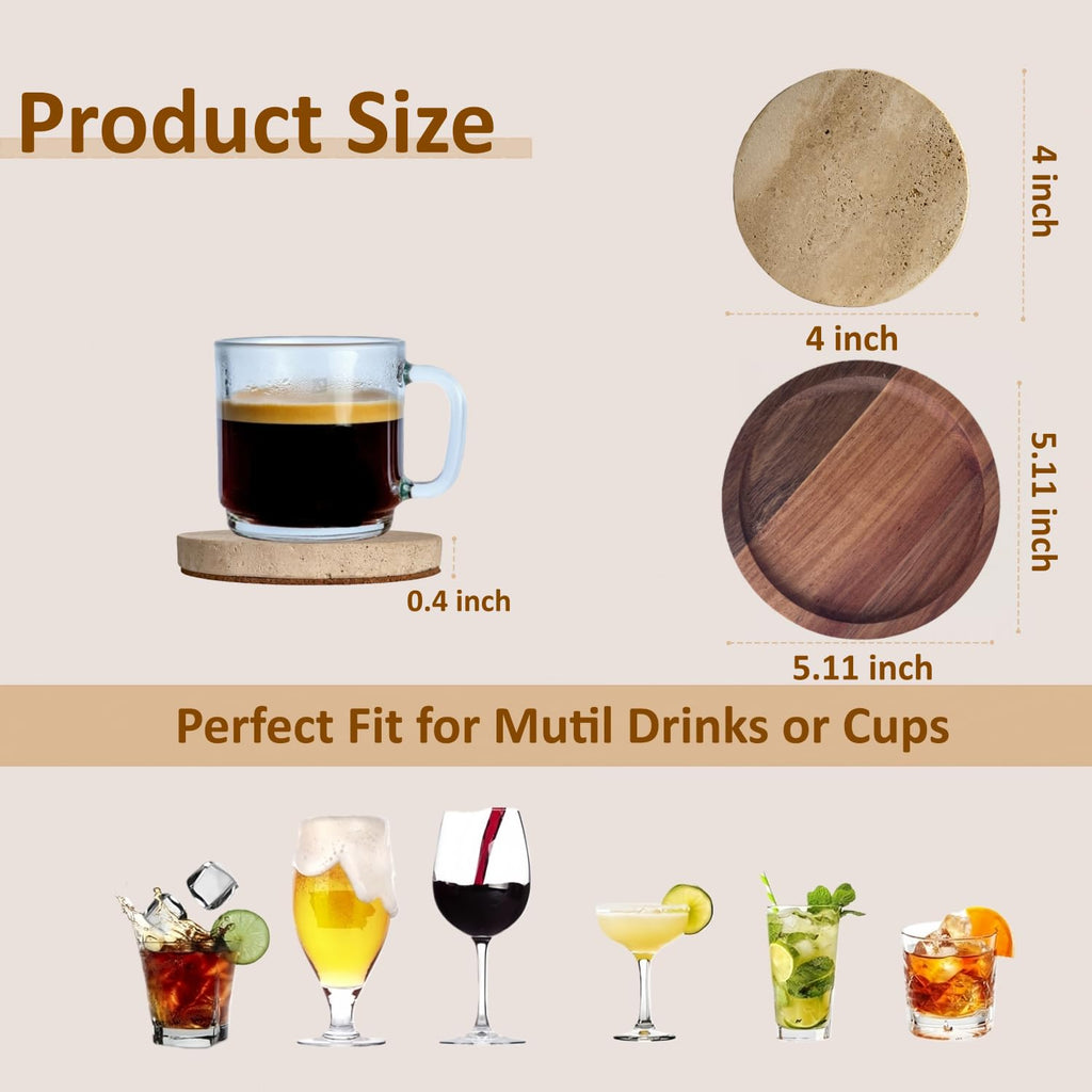 4" Round Natural Travertine Marble Coasters with Cork Backing, Stone Drink Coasters Set of 4, Wedding, Housewarming