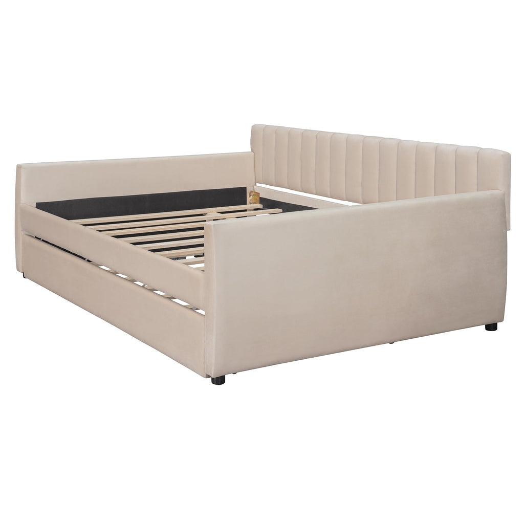 Full Size Daybed with Trundle, Upholstered Day Bed Frame Velvet Sofa Beds with Vertical Channel Tufted Headboard