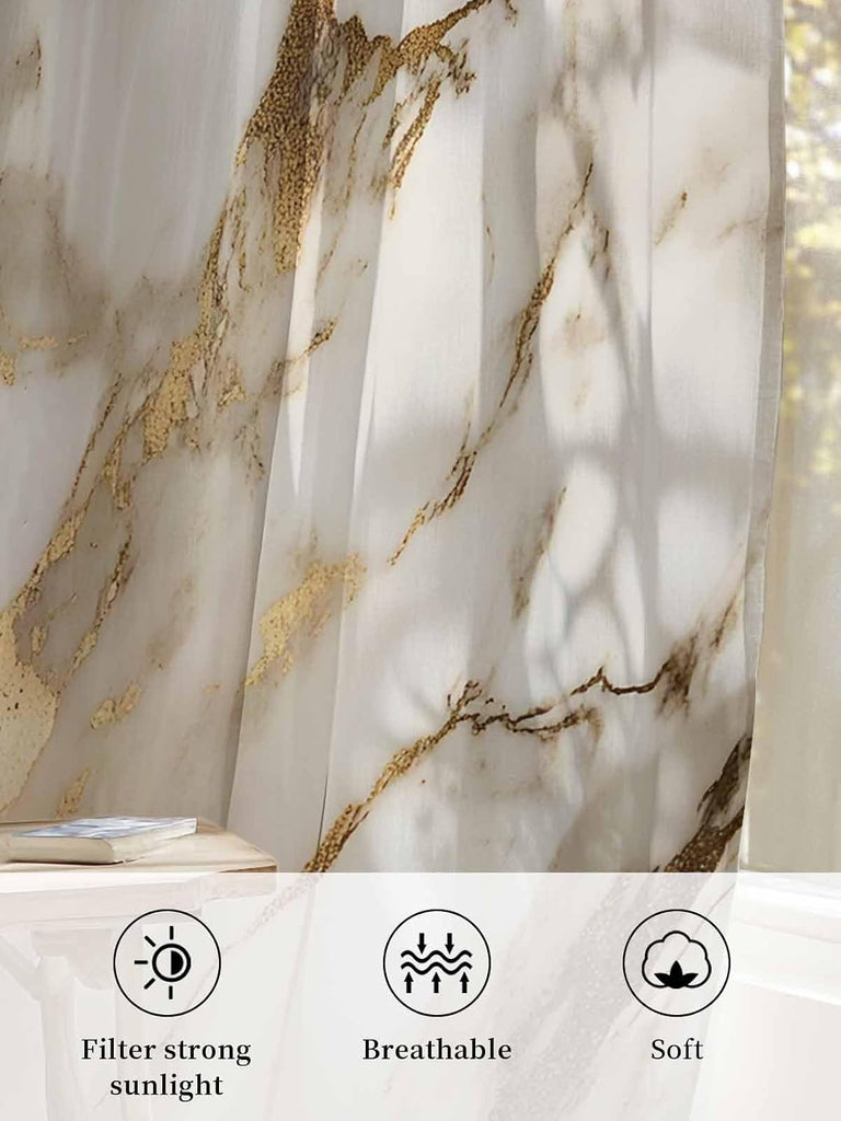 Sheer Curtains 96 Inches Long, Marble Gold Light Filtering Window Curtains , Abstract Luxury Wave Gold Marbling
