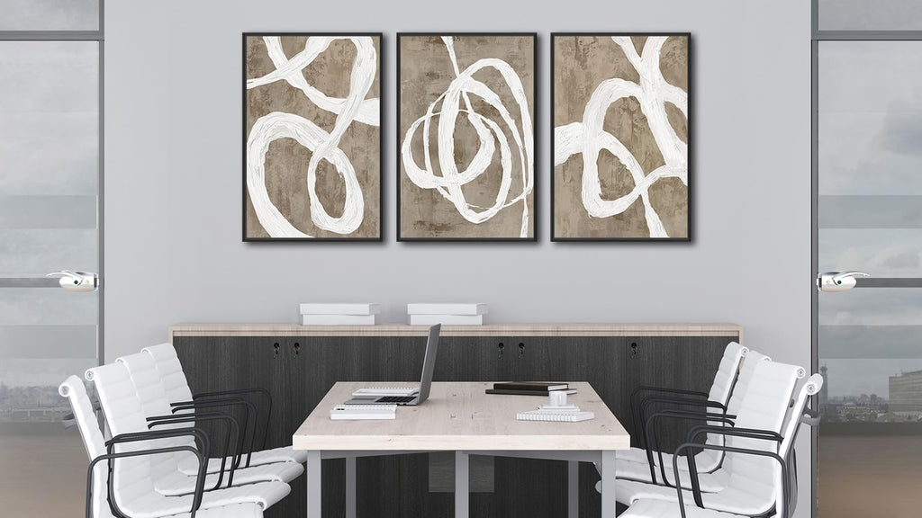 Framed Boho Wall Art Decor - Abstract Brown and White Line Painting Prints 32"x48" Set of 3 Modern Geometric Pictures