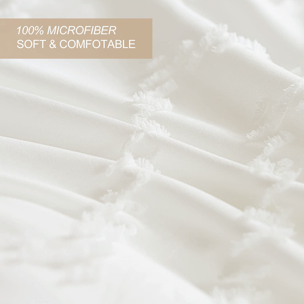 King Comforter Set White Tufted Jacquard Boho Soft Shabby Chic Reversible Down Alternative Microfiber Bedding - All