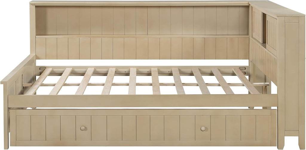 Full Size Daybed with Trundle and Shelves, Wood Corner Bed Frame with Bookcase and Headboard