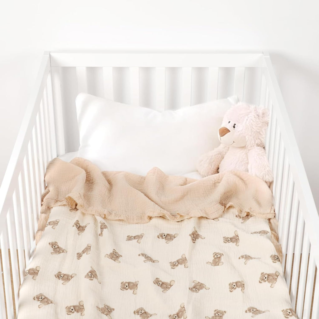 Organic Baby Blanket Flounce Edge Large 50"x43" Teddy Bear, 100% Muslin Cotton Soft Breathable Toddler Quilt Crib