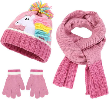Knitted Kids Winter Hat Gloves Scarf Set, Toddler Unicorn Beanie Hats with Top Pom for Girls 3-6 Red