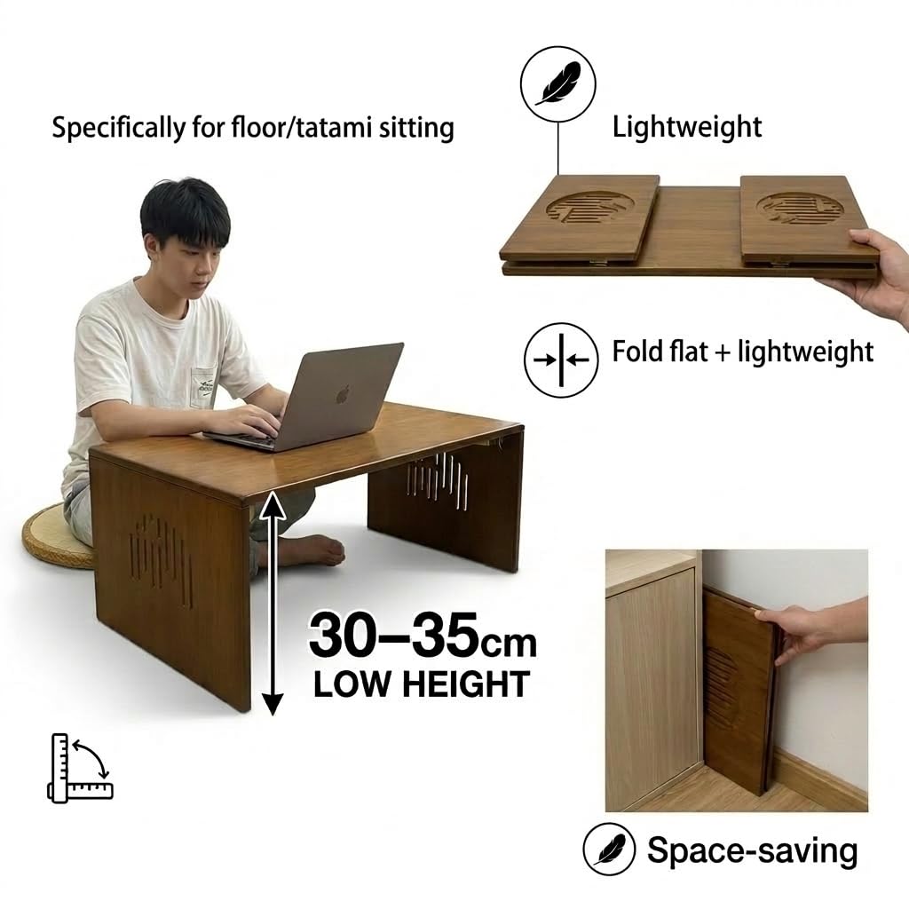 Japanese Floor Table, Bamboo Low Desk for Tea Meditation, Foldable No Assembly (Table (80cm))