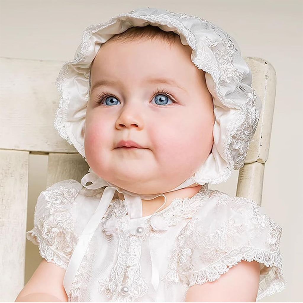 Baby Long Christening Gowns 3pcs White Lace Baptism Dress Suit with Bonnet